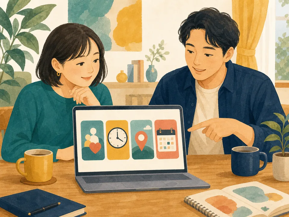 時間、場所、日程を手がかりに、二人で参加しやすい活動を選んでいる様子