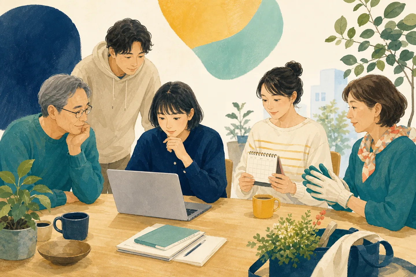 さまざまな年代の人がテーブルを囲み、パソコンで活動を探している様子