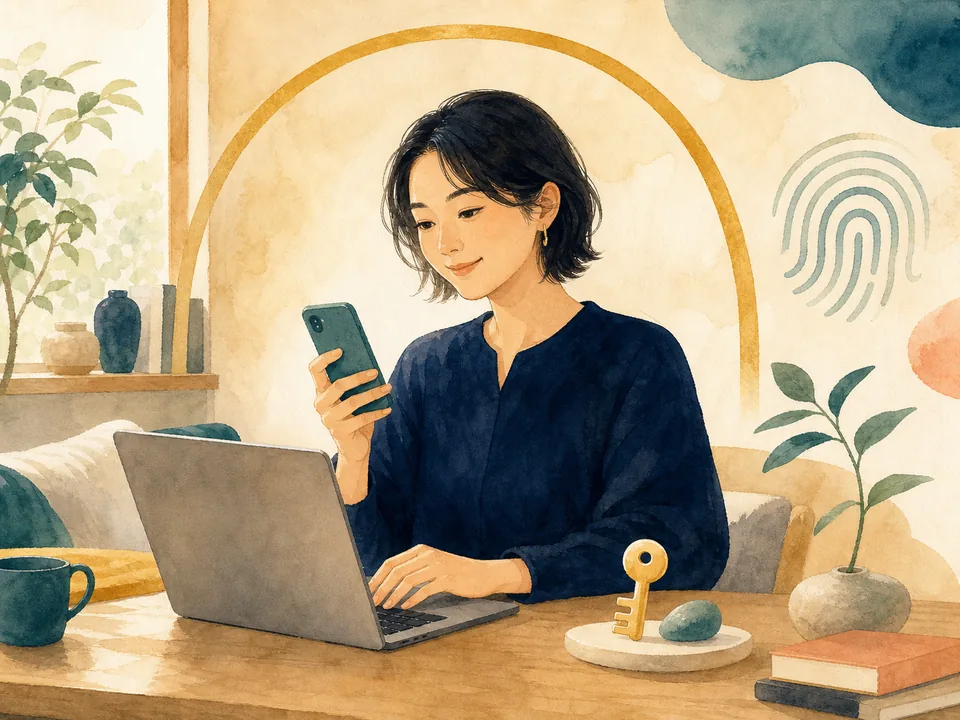 自宅でスマートフォンとパソコンを使い、落ち着いてログインする人