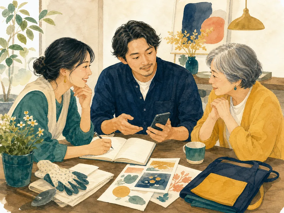 活動後にノートを囲み、体験や工夫を共有する三人
