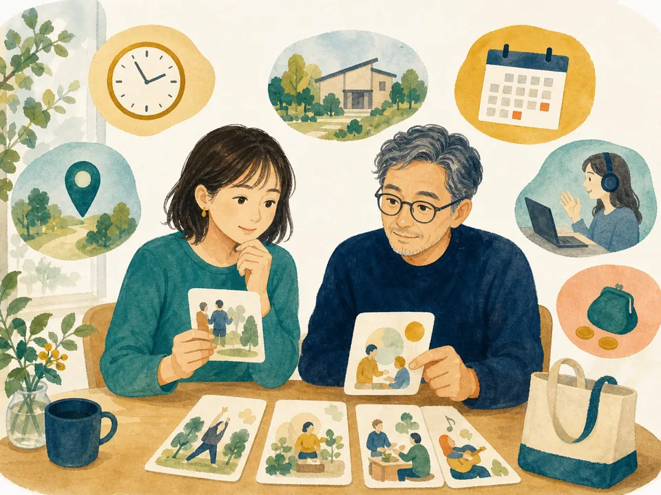活動カードを見比べながら、自分に合う参加方法を考える二人